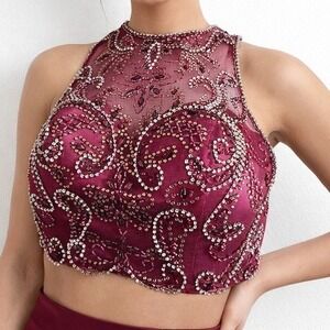 Bee Darlin Crop Top Womens 0 Burgundy Formal Beaded Rhinestone Prom Halter Wine